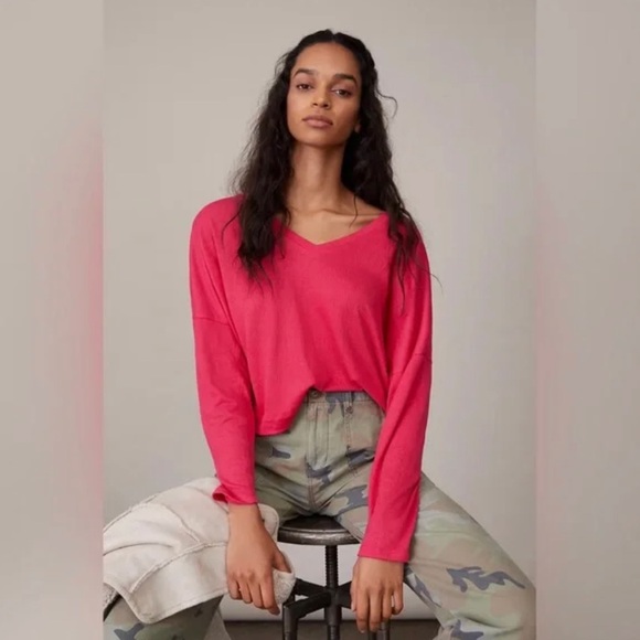 Anthropologie Pink ribbed Long Sleeve V-Neck Top - Picture 2 of 5